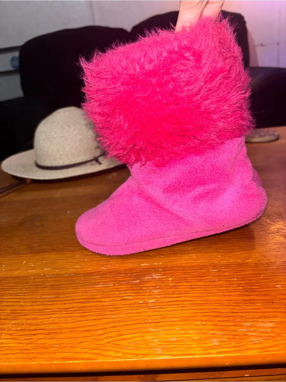 isotoner Kids Hot Pink Fuzzy Cuff Slippers